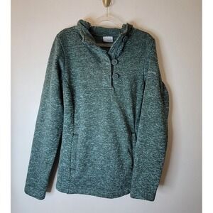 Columbia Heathered Green Fleece Pullover Hoodie Henley Style Buttons Warm